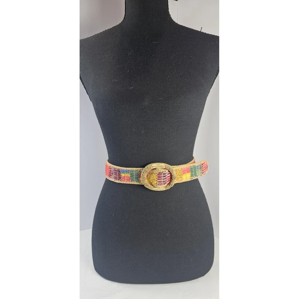 Boho Woven Patchwork‎ Belt M Medium Oval Floral Buckle Multicolor